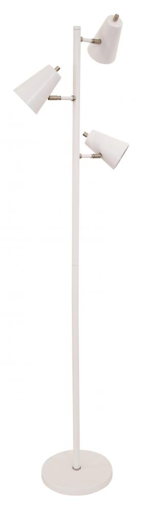 Kirby LED Three Light Floor Lamp in White with Satin Nickel Accents