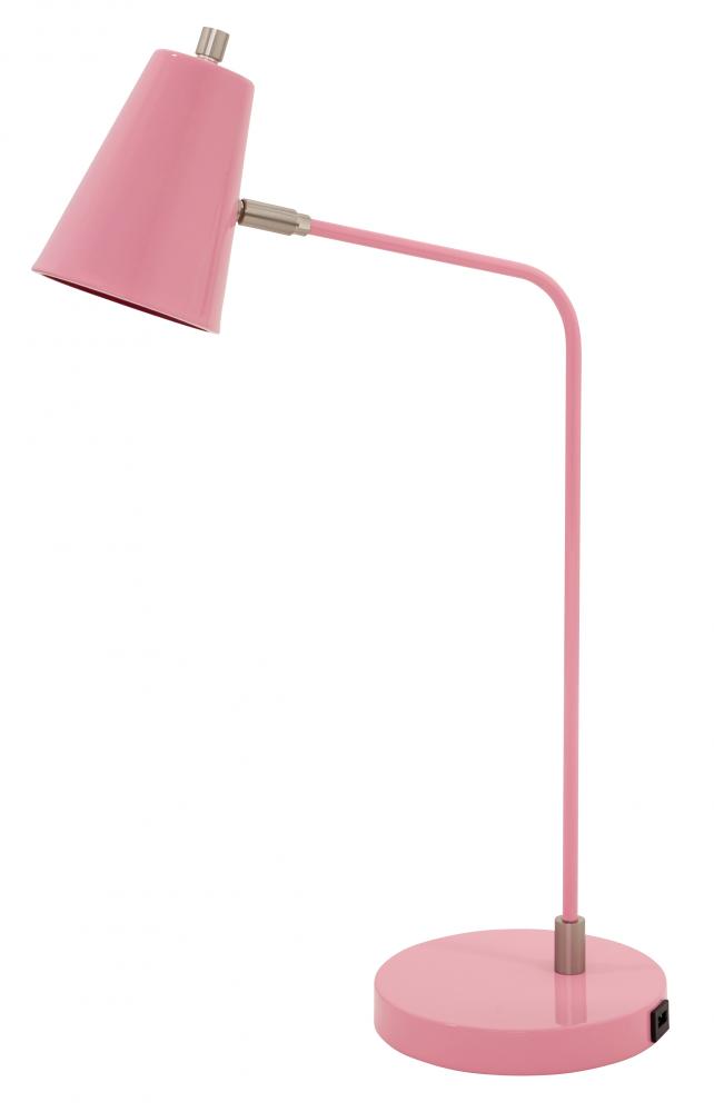 Kirby LED Task Lamp in Pink with Satin Nickel Accents and USB Port