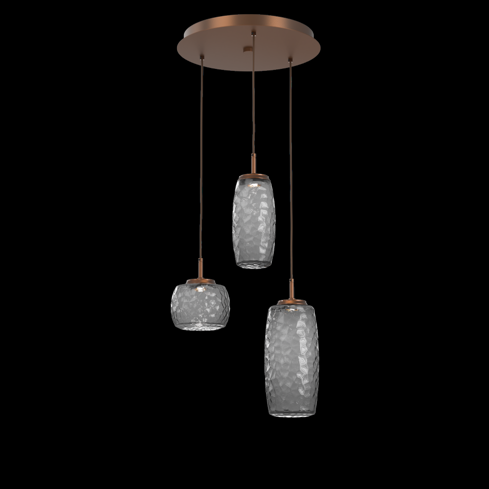 Vessel 3pc Round Multi-Pendant-Burnished Bronze-Smoke Blown Glass-Cloth Braided Cord-LED 2700K