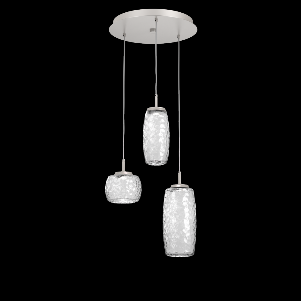 Vessel 3pc Round Multi-Pendant-Beige Silver-Clear Blown Glass-Cloth Braided Cord-LED 2700K