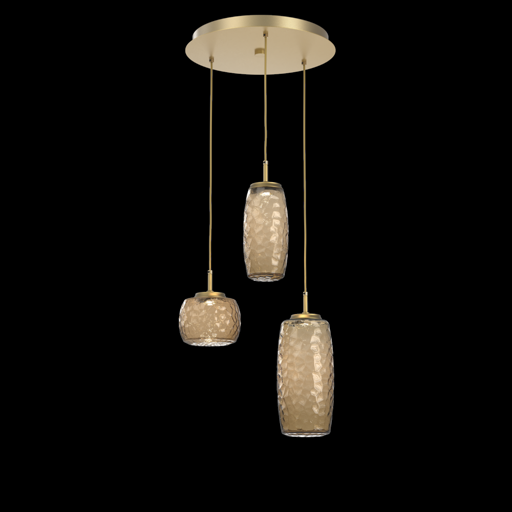 Vessel 3pc Round Multi-Pendant-Gilded Brass-Bronze Blown Glass-Cloth Braided Cord-LED 2700K