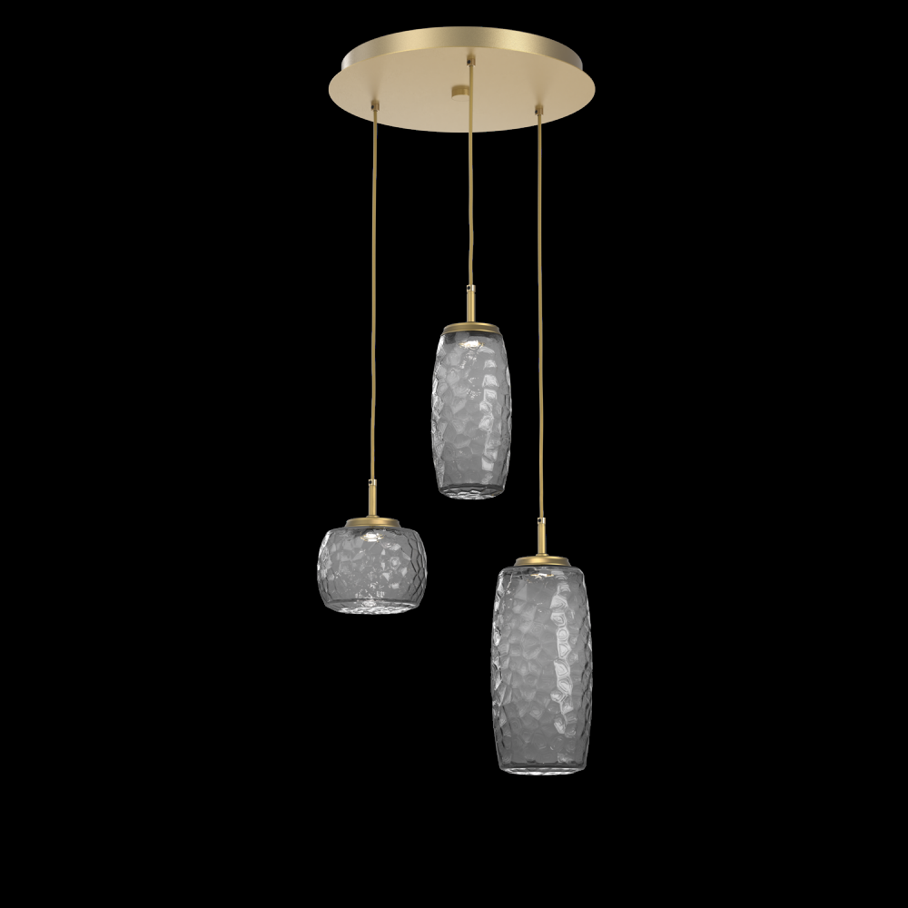 Vessel 3pc Round Multi-Pendant-Gilded Brass-Smoke Blown Glass-Cloth Braided Cord-LED 2700K