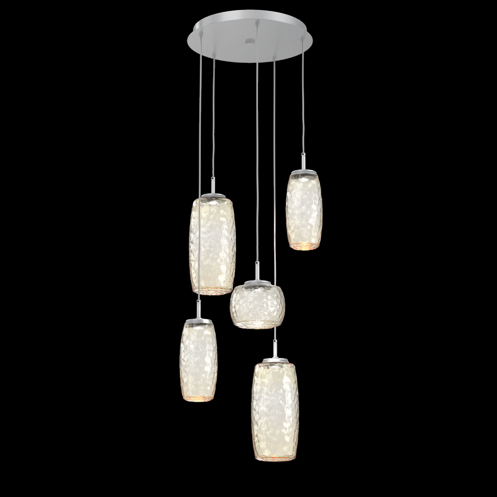 Vessel 5pc Round Multi-Pendant-Classic Silver-Amber Blown Glass-Cloth Braided Cord-LED 2700K