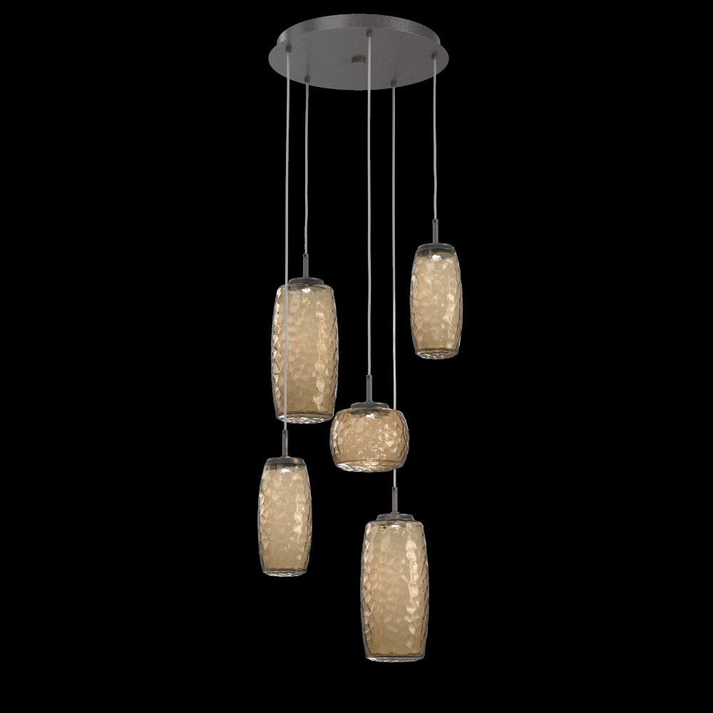 Vessel 5pc Round Multi-Pendant-Graphite-Bronze Blown Glass-Cloth Braided Cord-LED 2700K