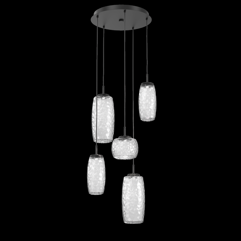 Vessel 5pc Round Multi-Pendant-Matte Black-Clear Blown Glass-Cloth Braided Cord-LED 2700K