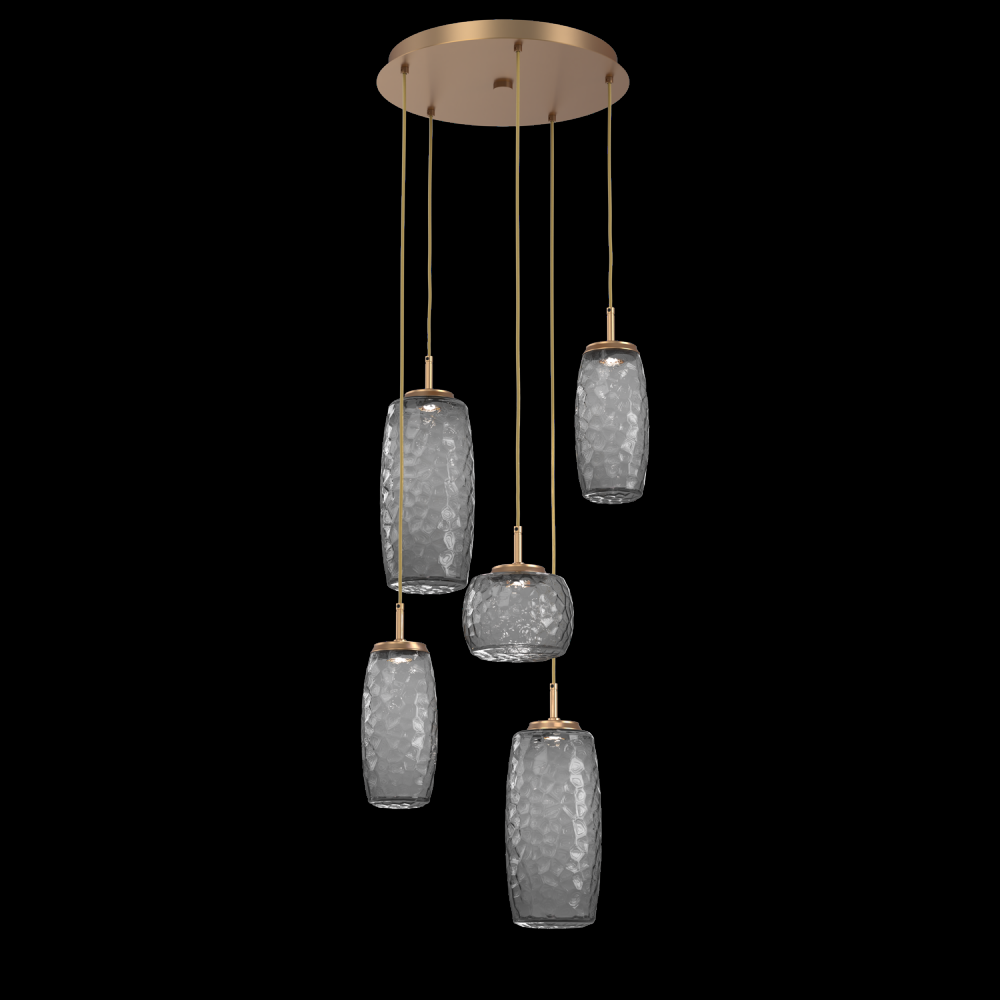 Vessel 5pc Round Multi-Pendant-Novel Brass-Smoke Blown Glass-Cloth Braided Cord-LED 2700K