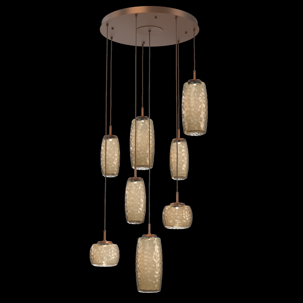 Vessel 8pc Round Multi-Pendant-Burnished Bronze-Bronze Blown Glass-Cloth Braided Cord-LED 2700K