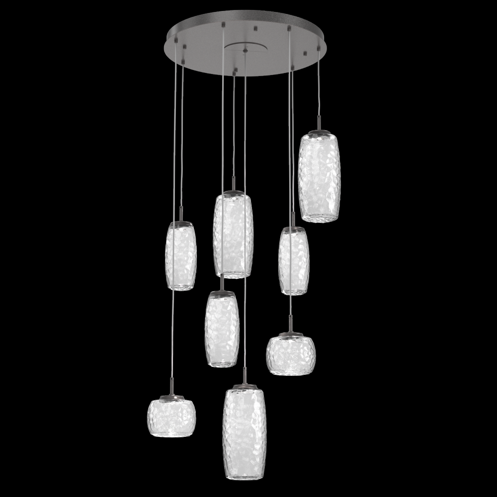 Vessel 8pc Round Multi-Pendant-Graphite-Clear Blown Glass-Cloth Braided Cord-LED 2700K