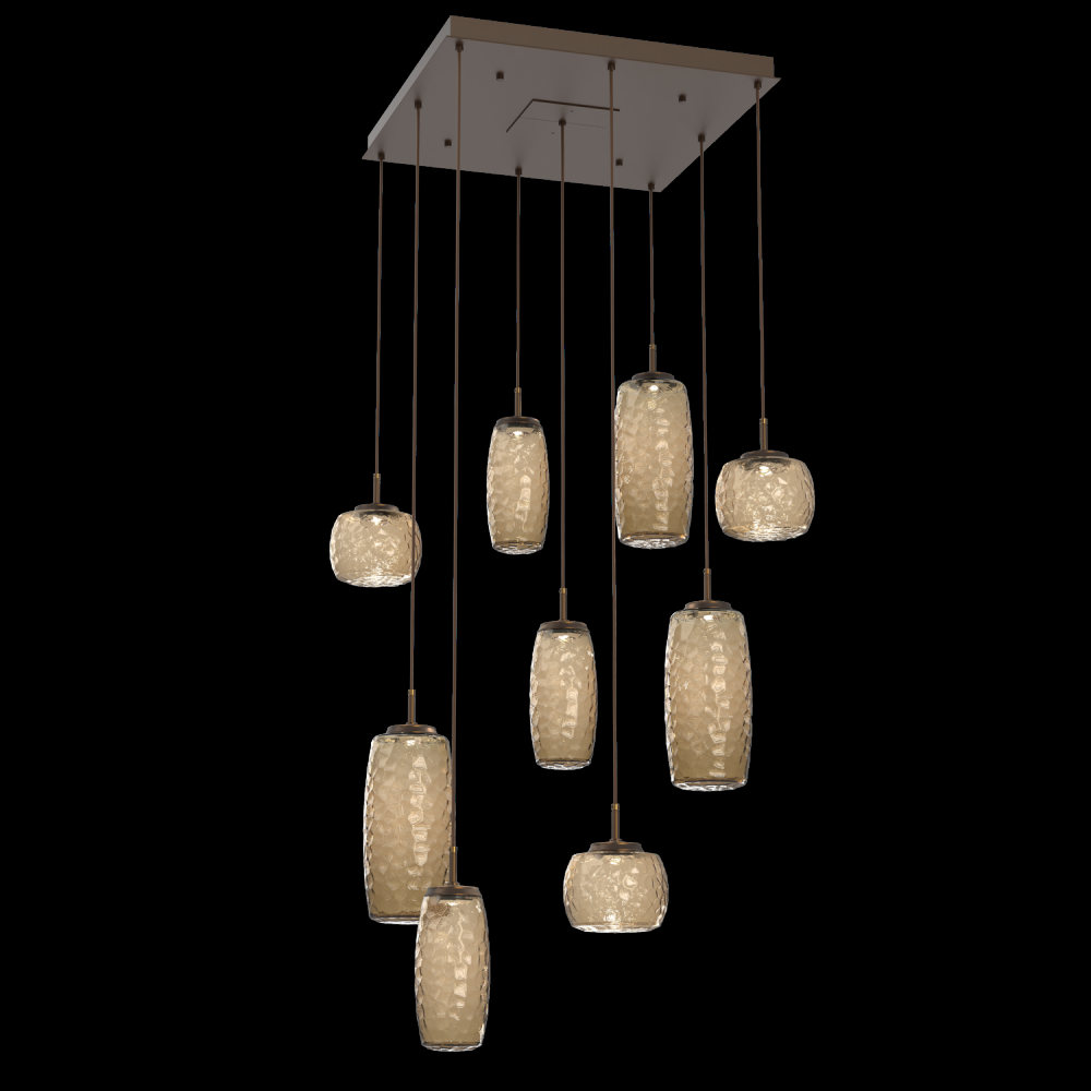 Vessel 9pc Square Multi-Pendant-Flat Bronze-Bronze Blown Glass-Cloth Braided Cord-LED 2700K