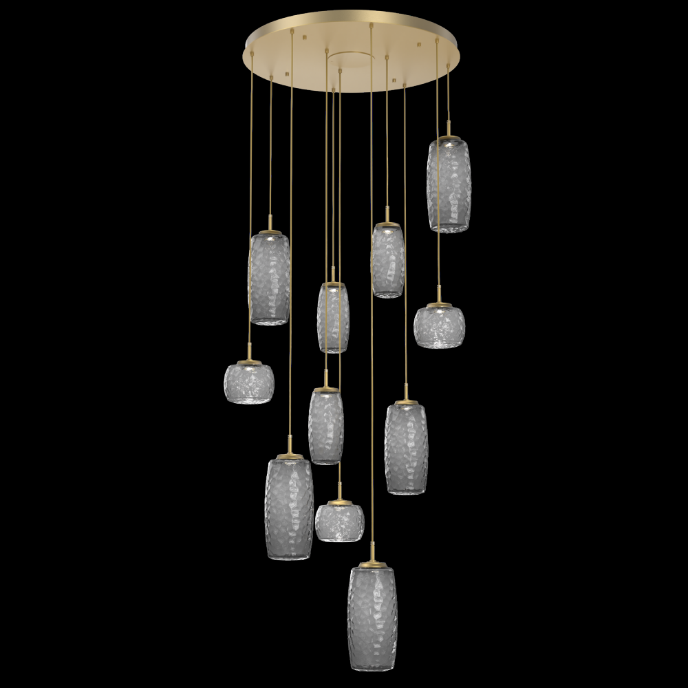 Vessel 11pc Round Multi-Pendant-Gilded Brass-Smoke Blown Glass-Cloth Braided Cord-LED 2700K