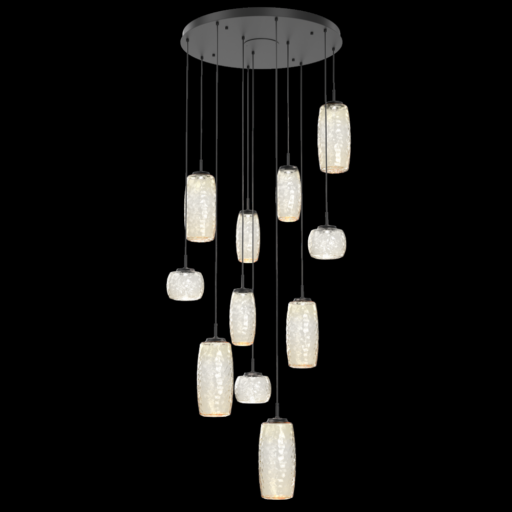 Vessel 11pc Round Multi-Pendant-Matte Black-Amber Blown Glass-Cloth Braided Cord-LED 2700K