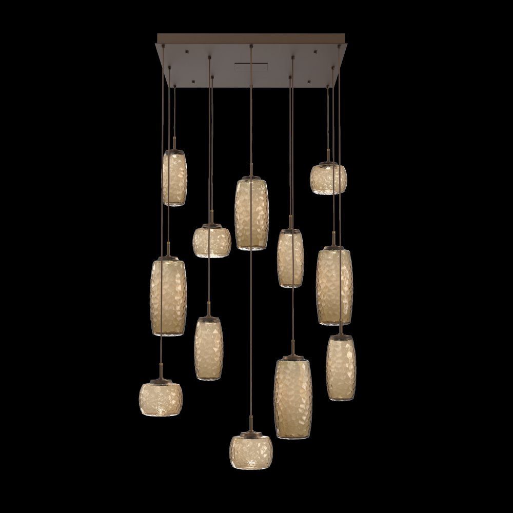 Vessel 12pc Square Multi-Pendant-Flat Bronze-Bronze Blown Glass-Cloth Braided Cord-LED 2700K