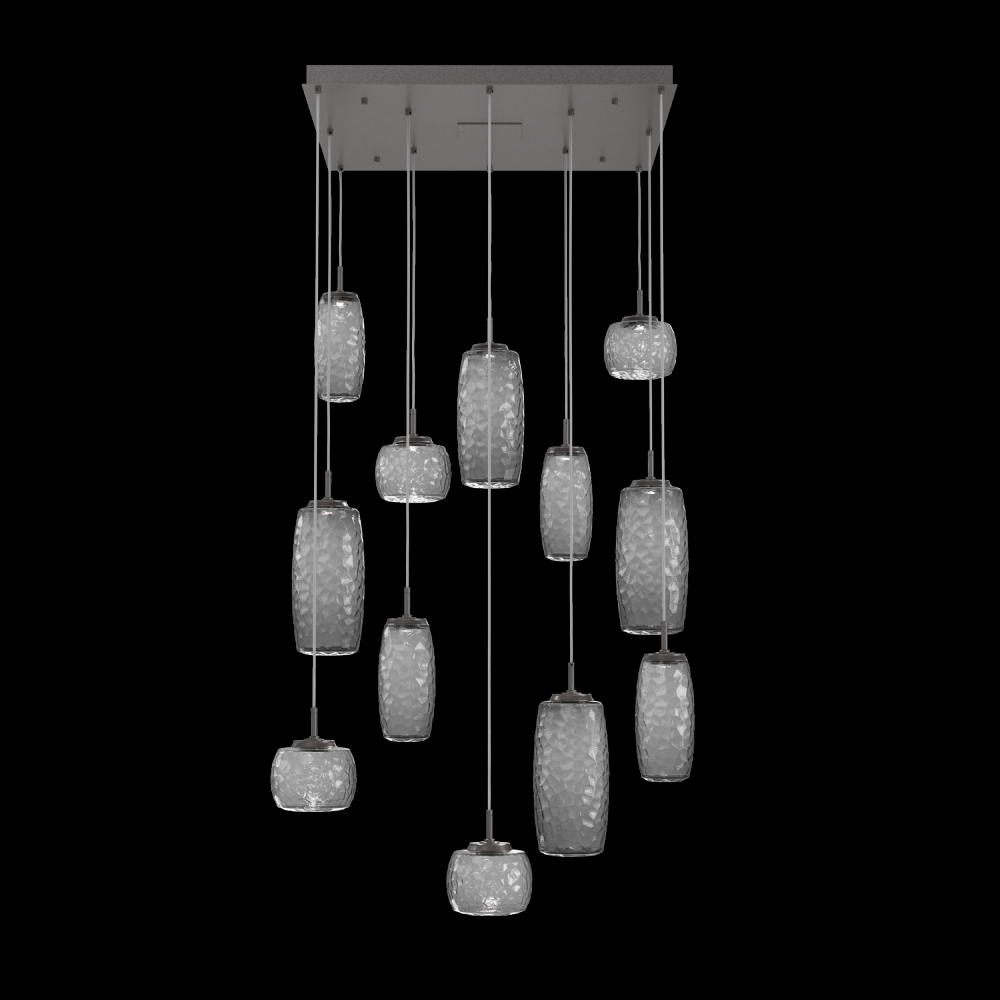 Vessel 12pc Square Multi-Pendant-Graphite-Smoke Blown Glass-Cloth Braided Cord-LED 3000K