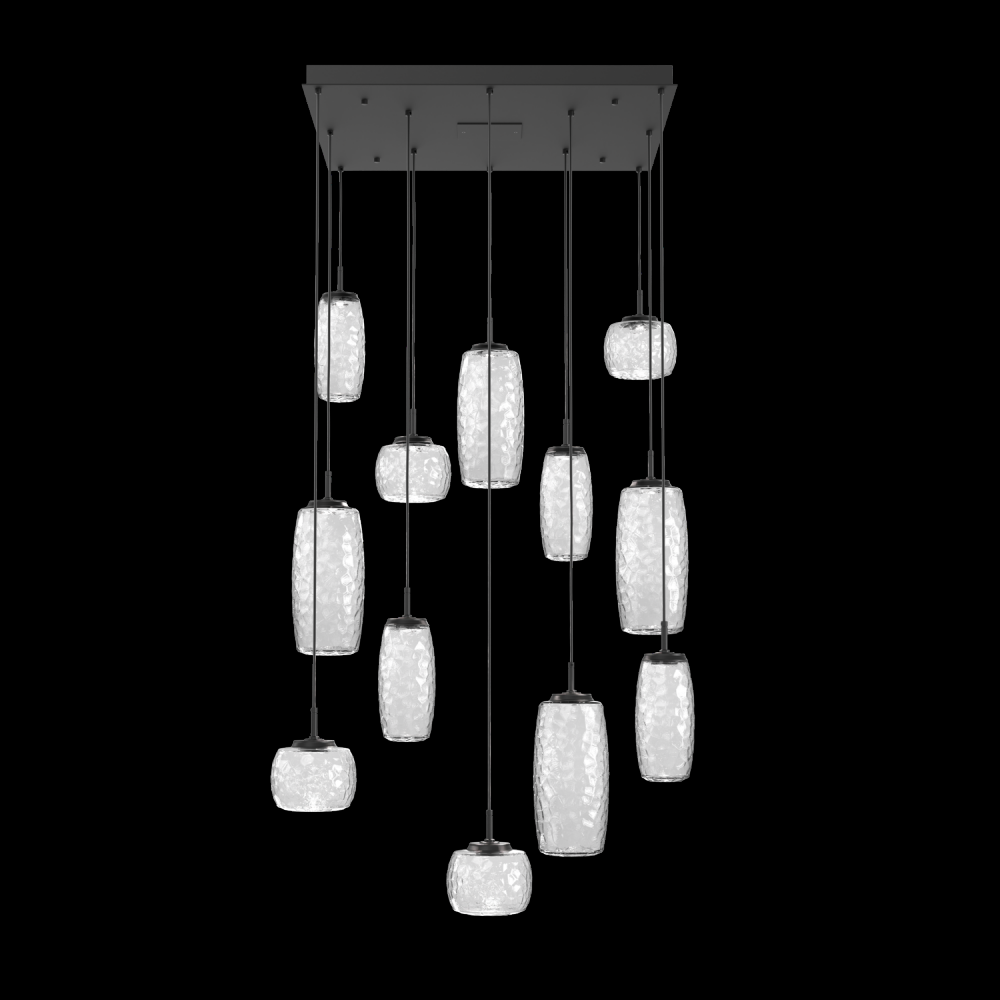 Vessel 12pc Square Multi-Pendant-Matte Black-Clear Blown Glass-Cloth Braided Cord-LED 2700K