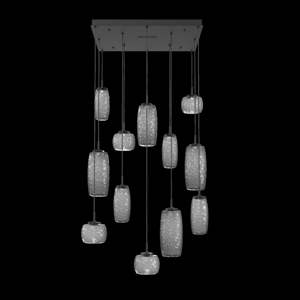 Vessel 12pc Square Multi-Pendant-Matte Black-Smoke Blown Glass-Cloth Braided Cord-LED 2700K