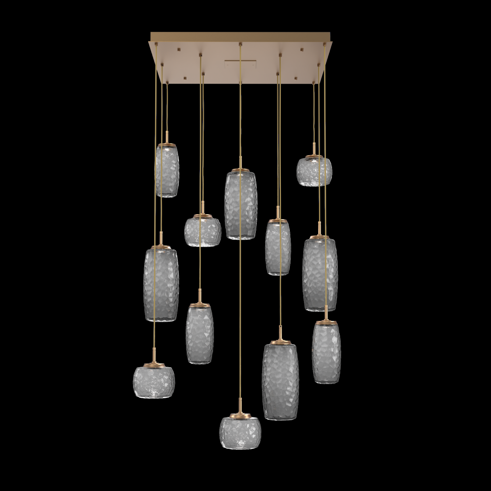 Vessel 12pc Square Multi-Pendant-Novel Brass-Smoke Blown Glass-Cloth Braided Cord-LED 3000K