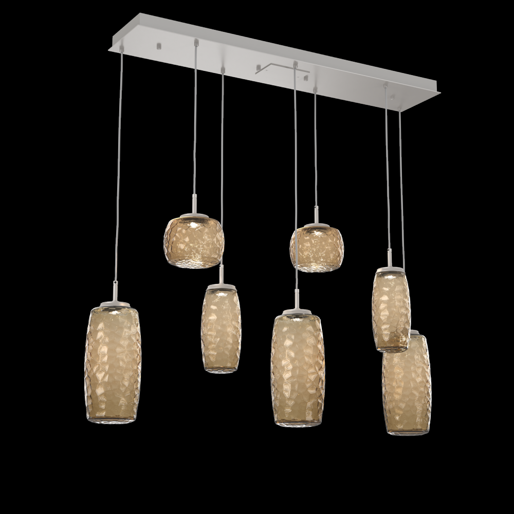 Vessel 7pc Linear Multi-Pendant-Beige Silver-Bronze Blown Glass-Cloth Braided Cord-LED 3000K