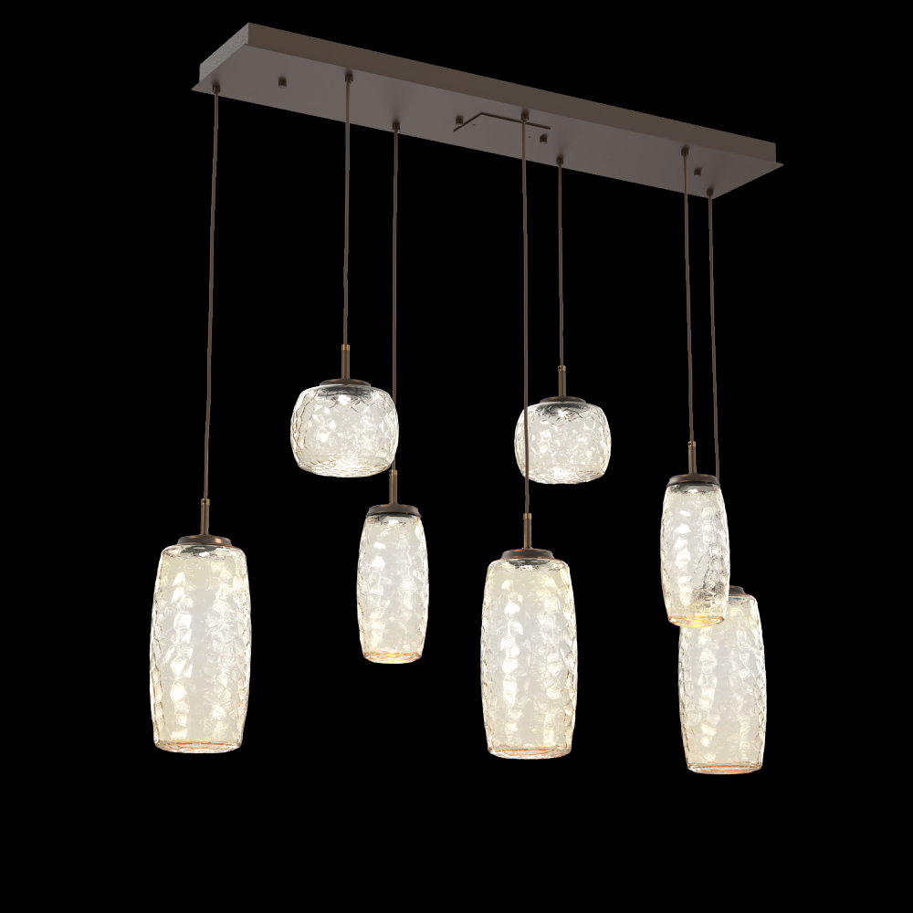 Vessel 7pc Linear Multi-Pendant-Flat Bronze-Amber Blown Glass-Cloth Braided Cord-LED 3000K