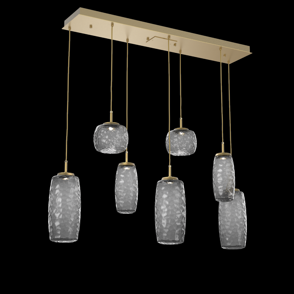 Vessel 7pc Linear Multi-Pendant-Gilded Brass-Smoke Blown Glass-Cloth Braided Cord-LED 3000K