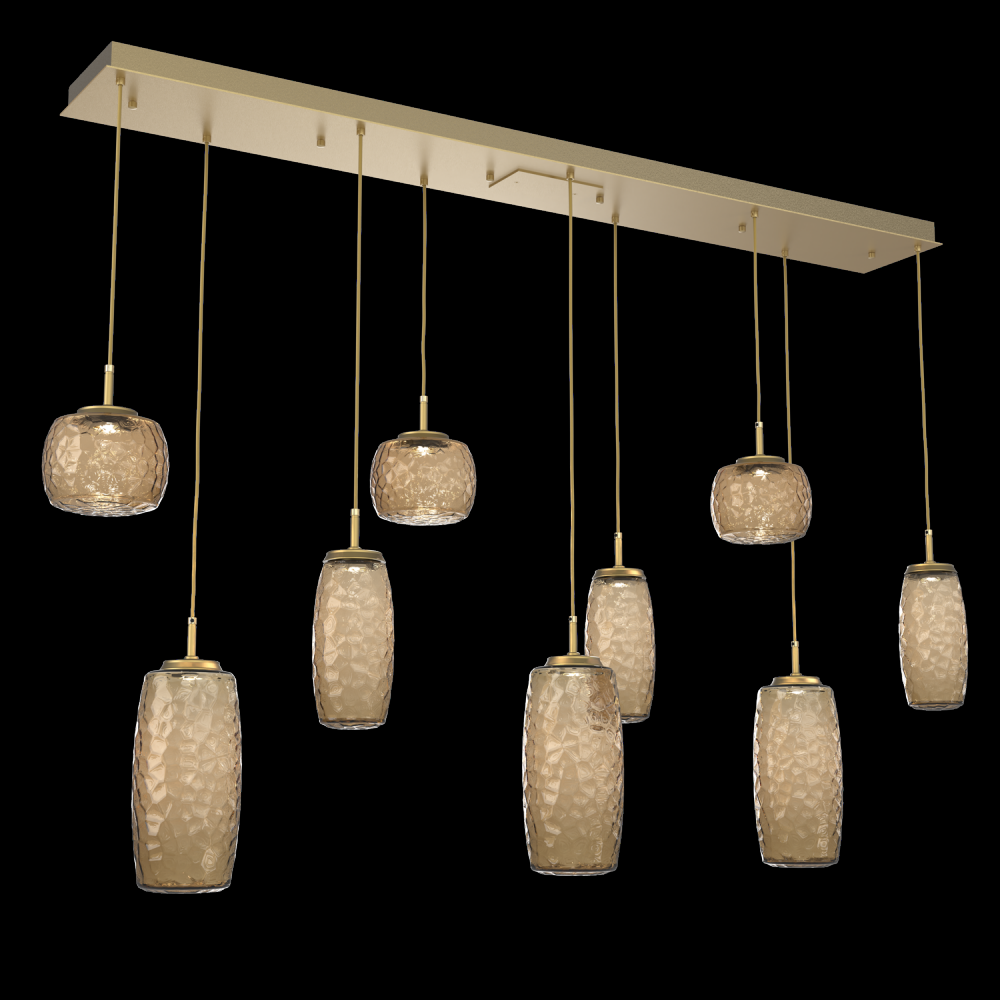 Vessel 9pc Linear Multi-Pendant-Gilded Brass-Bronze Blown Glass-Cloth Braided Cord-LED 2700K