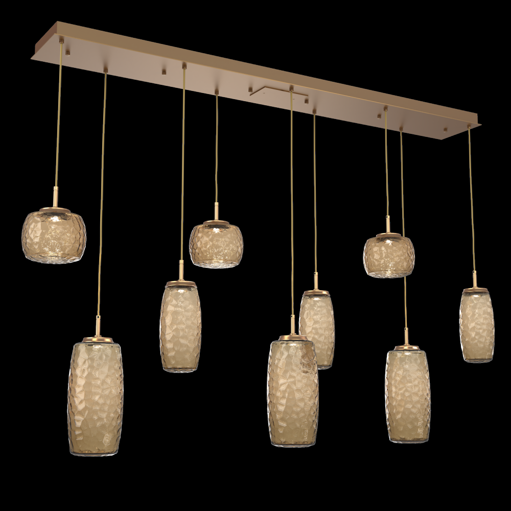 Vessel 9pc Linear Multi-Pendant-Novel Brass-Bronze Blown Glass-Cloth Braided Cord-LED 2700K