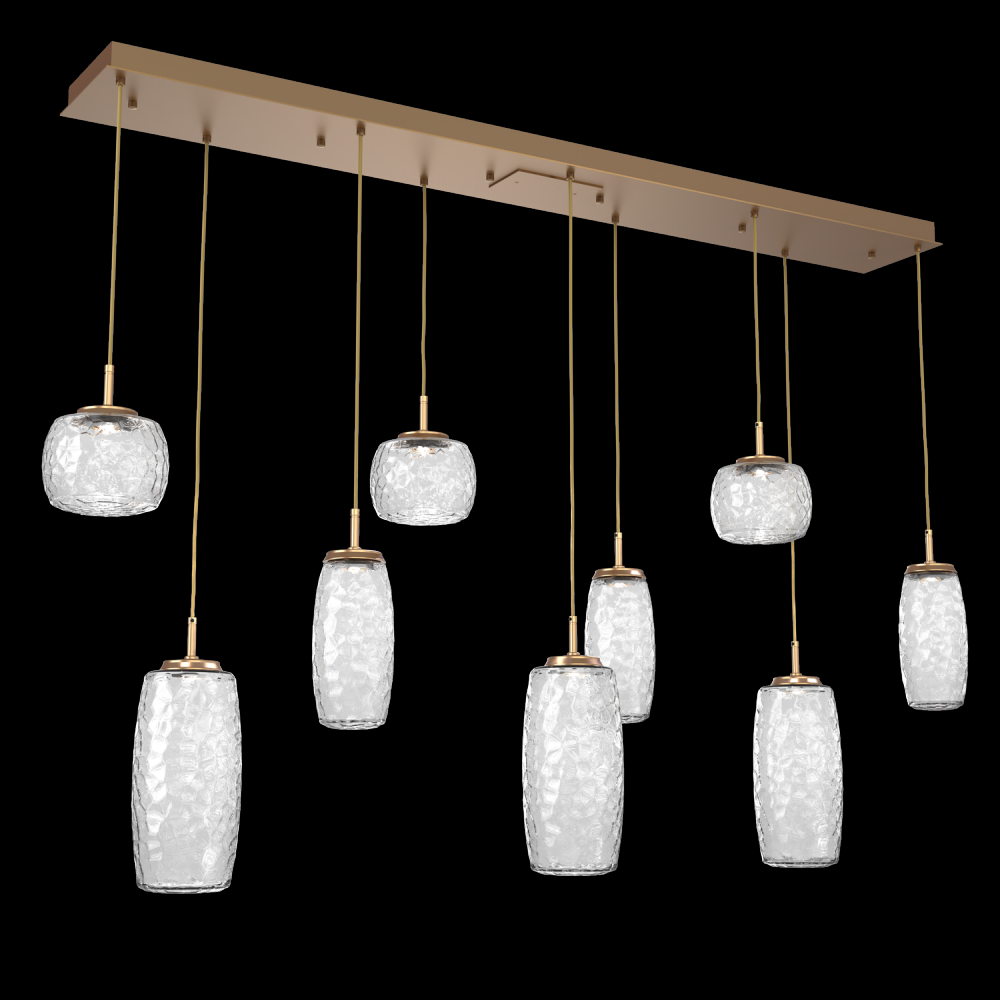 Vessel 9pc Linear Multi-Pendant-Novel Brass-Clear Blown Glass-Cloth Braided Cord-LED 3000K