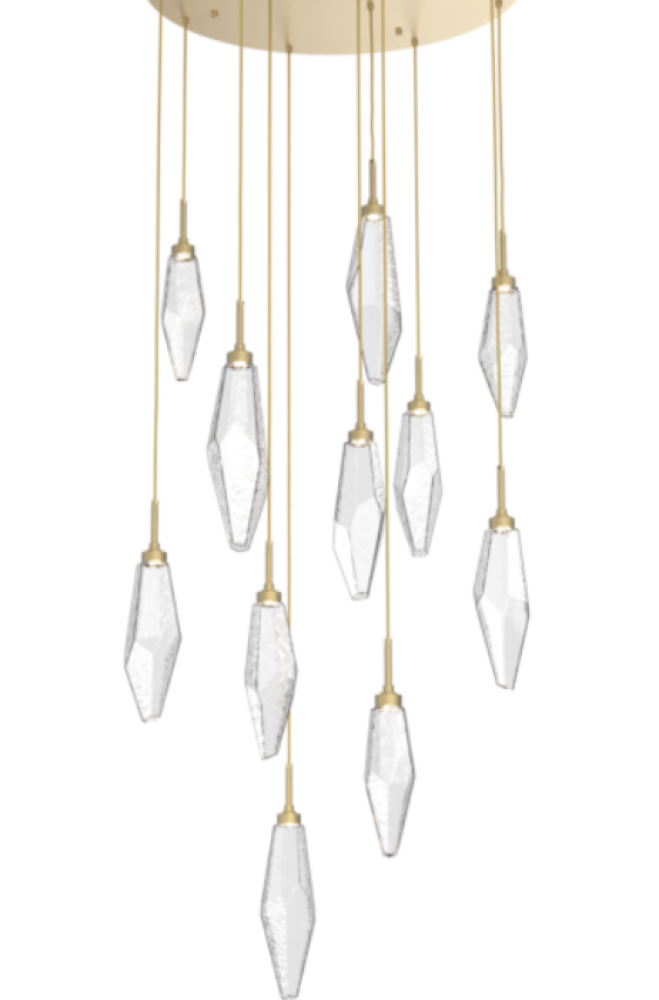 Rock Crysal multi port with a round canopy, standard 12 pendants, gilded brass, clear glass, 3000k