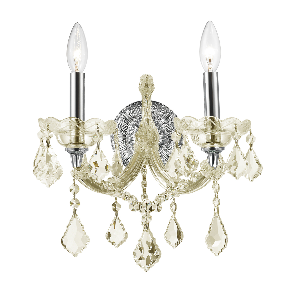 Maria Theresa 2-Light Chrome Finish and Golden Teak Crystal Candle Wall Sconce Light 12 in. W x 16 i