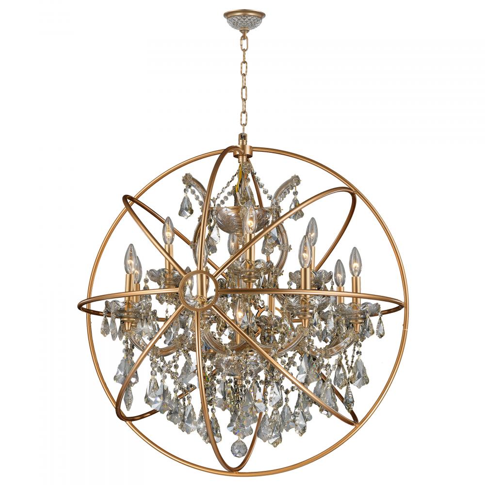 Armillary 13-Light Matte Gold Finish and Golden Teak Crystal Foucault's Orb Chandelier 33 in. Di