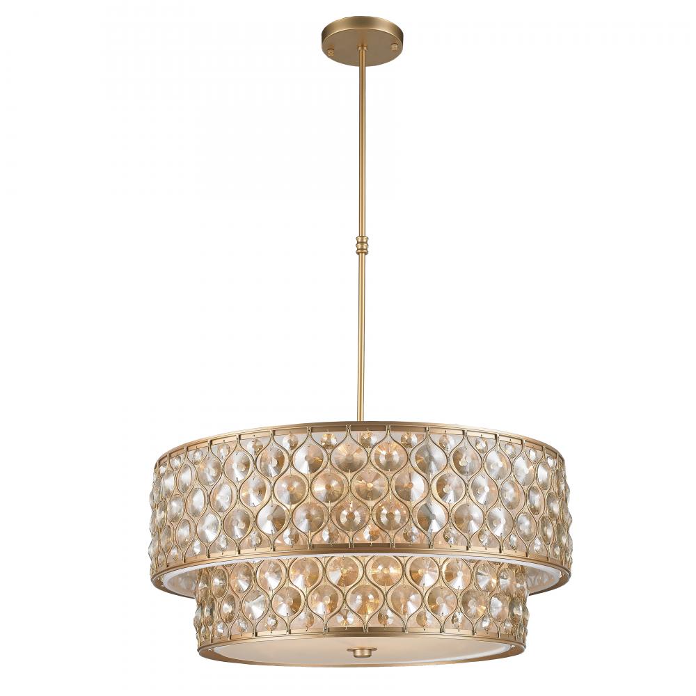 Paris 12-Light Matte Gold Finish with Golden Teak Crystal drum Two 2 Tier Pendant Light 28 in. Dia x