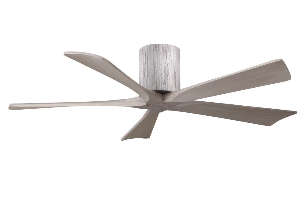 Irene-5H three-blade flush mount paddle fan in Barn Wood finish with 52” Gray Ash tone blades. 