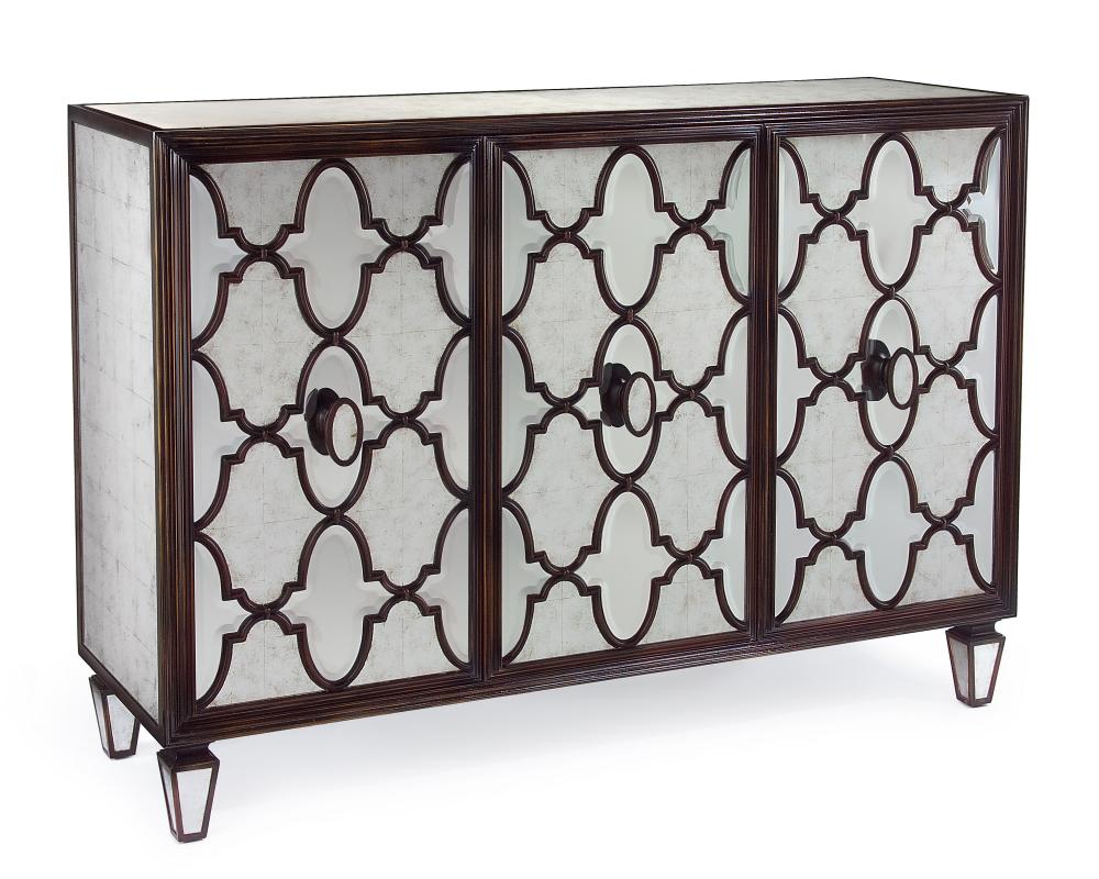 Michelle Three Door Black cabinet uses eglomise and modern beveled mirrors within a pattern of inter