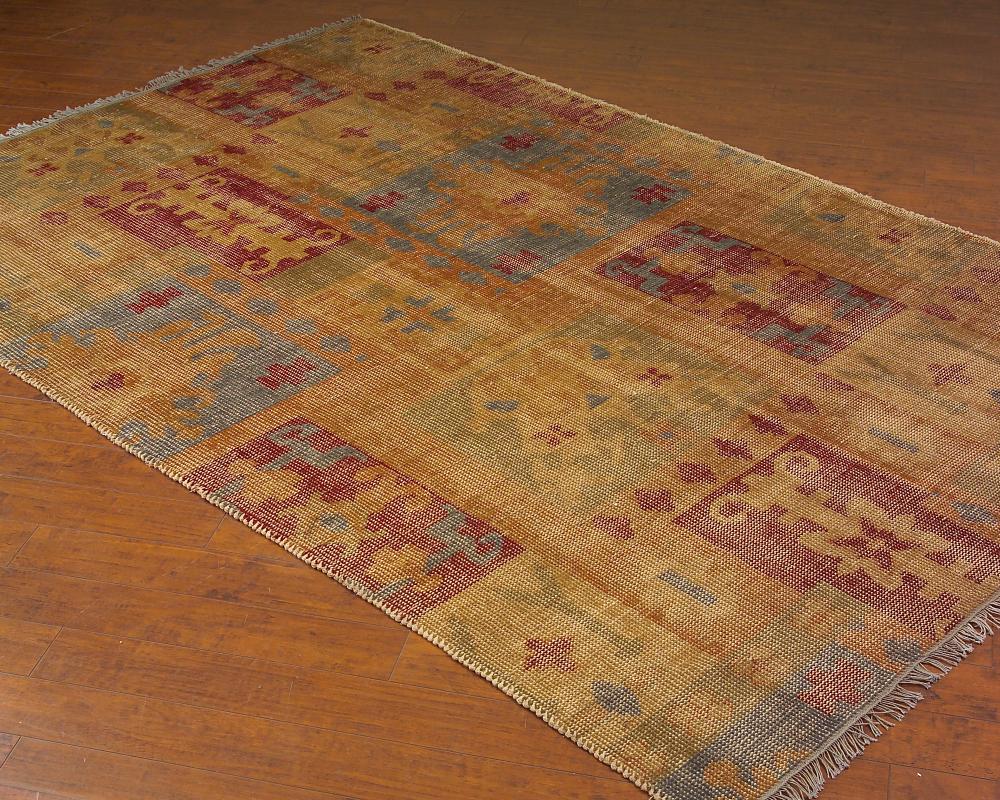 HAND WOVEN PATCHWORK TRIBAL RUG LOOKS LIKE AN ANTIQUE RUG.  TRANSITIONAL IN MUTED RED,GREEN, GOLD AN