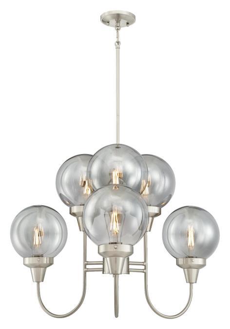 6 Light Chandelier Brushed Nickel Finish Smoke Grey Glass Globes