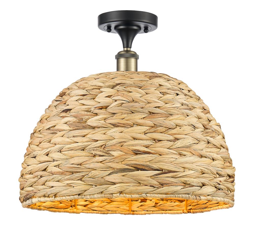 Woven Rattan - 1 Light - 16 inch - Black Antique Brass - Semi-Flush Mount