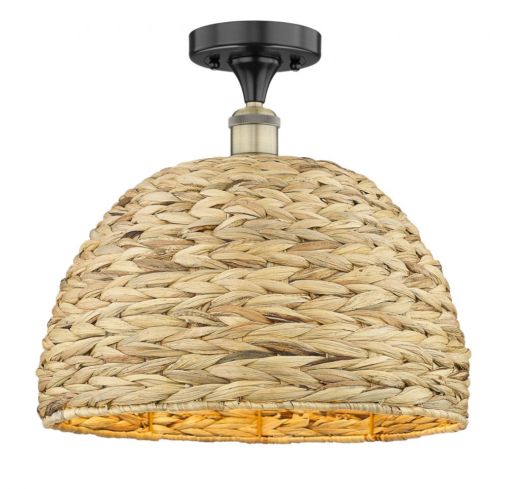 Woven Rattan - 1 Light - 16 inch - Black Antique Brass - Semi-Flush Mount