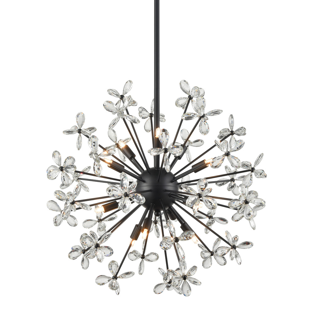 12-Light Floral Crystal Pedal Sputnik Matte Black Pendant Light