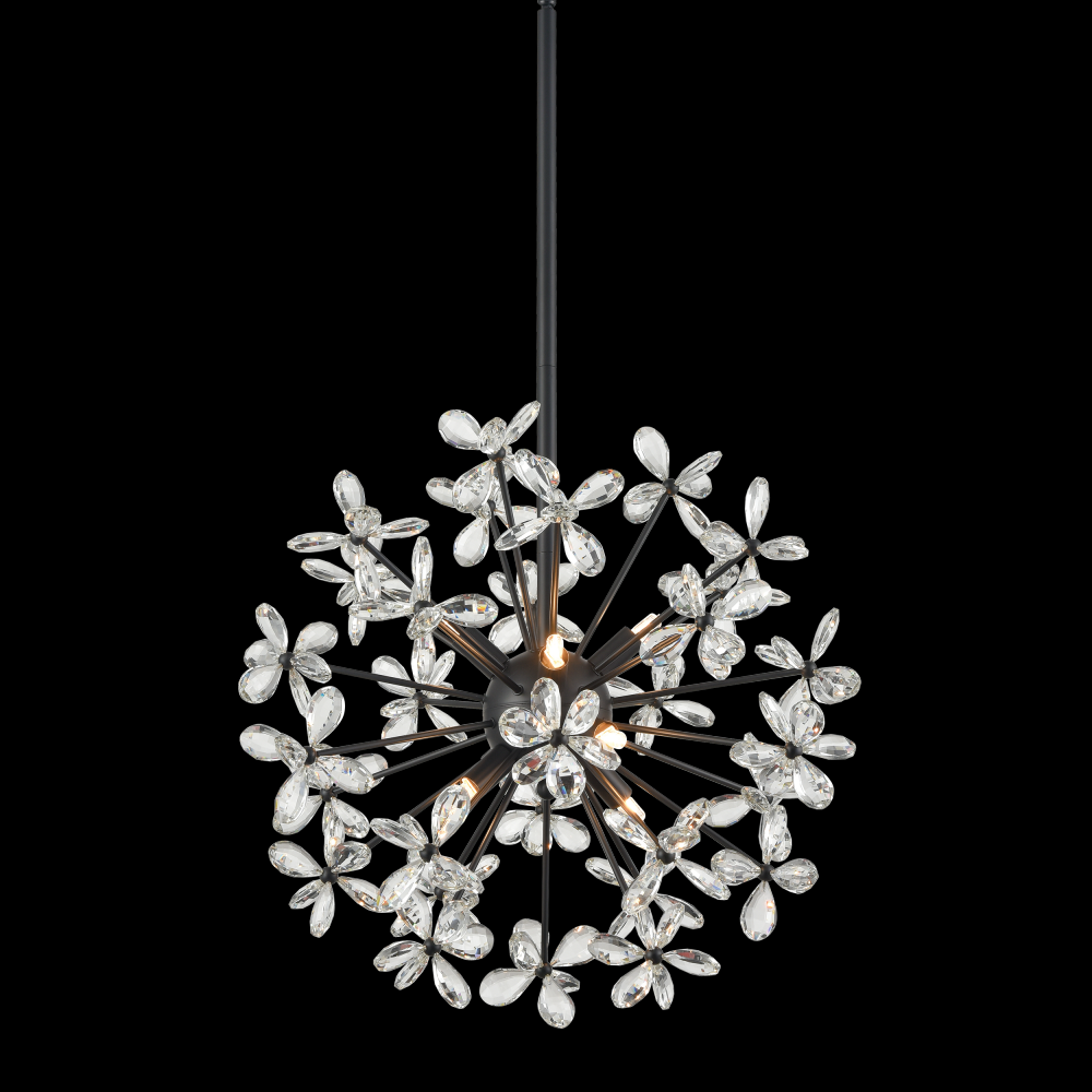 8-Light Floral Crystal Pedal Sputnik Matte Black Pendant Light