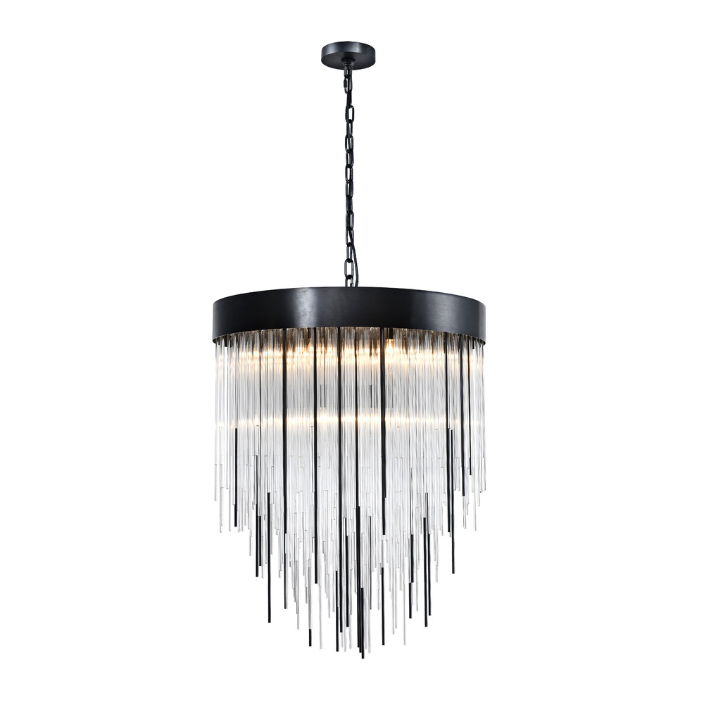 Waterfall 24" 9-Light, Round Glass Chandelier in Satin Brushed Black