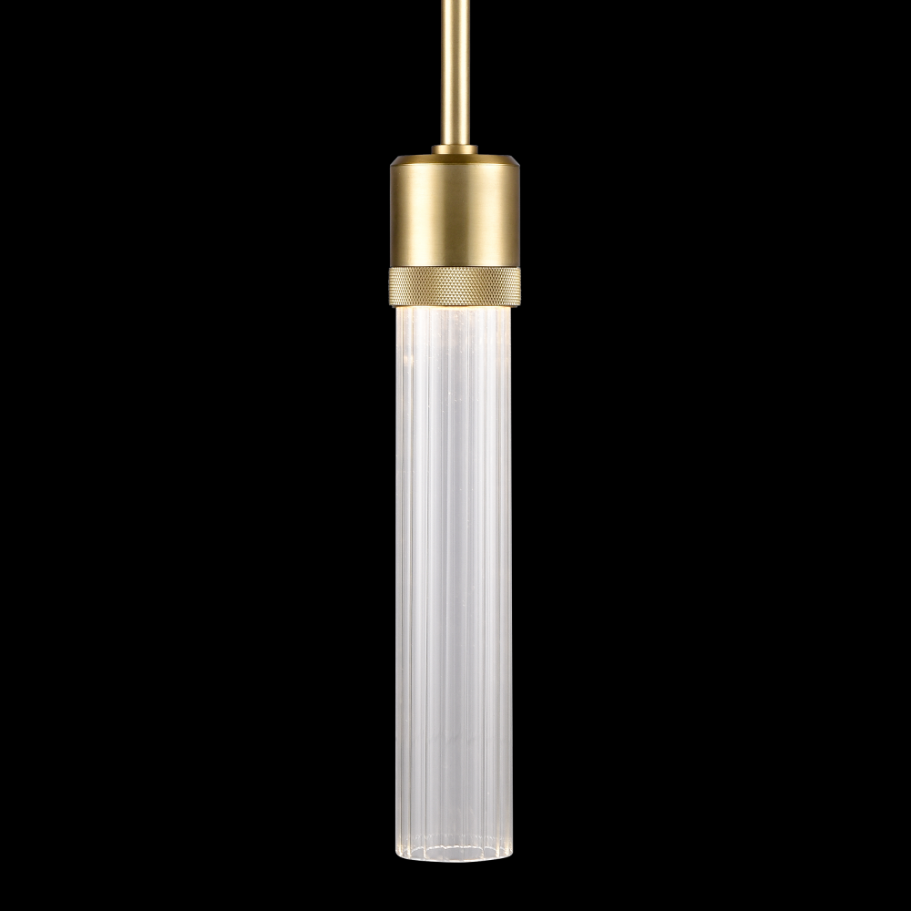 3" LED 3CCT Vertical Cylindrical Pendant Light, 12" Fluted Glass and Aged Brass Finish