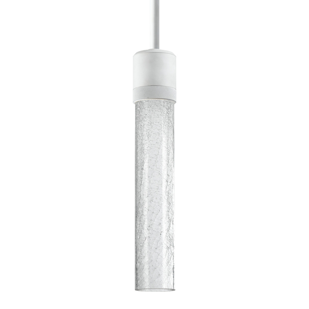 3" LED 3CCT Vertical Cylindrical Pendant Light, 12" Crackled Glass and Matte White Finish