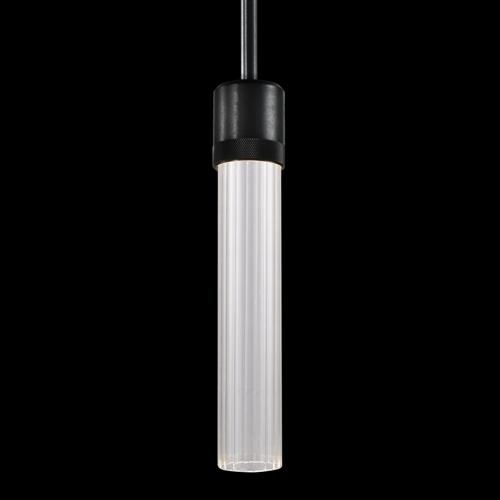 3" LED 3CCT Cylindrical Pendant Light, 12" Fluted Glass and Satin Brushed Black Finish