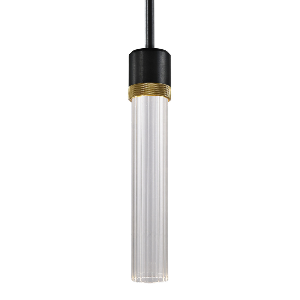 Zigrina 12" Fluted Glass LED Pendant in Black and Brass Knurled Ring
