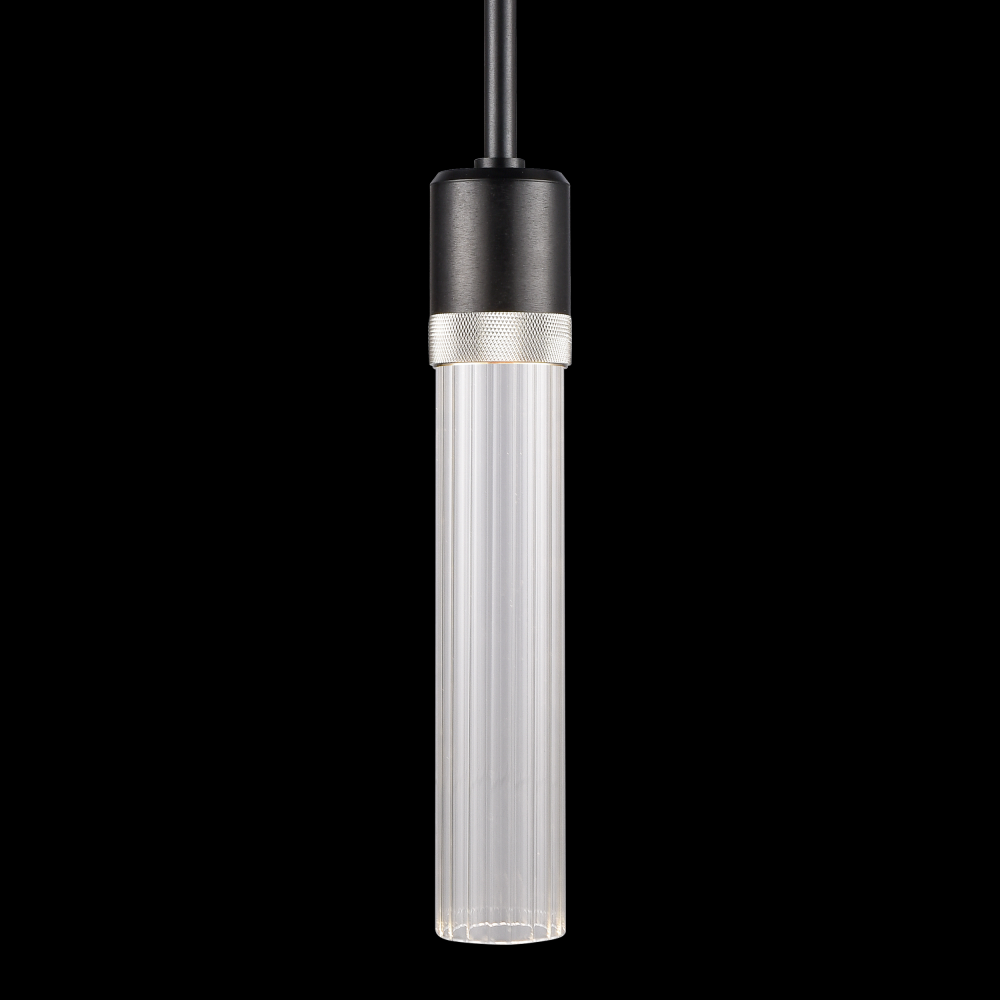 3" LED 3CCT Cylindrical Pendant Light, 12" Fluted Glass and Satin Brushed Black with Nickel