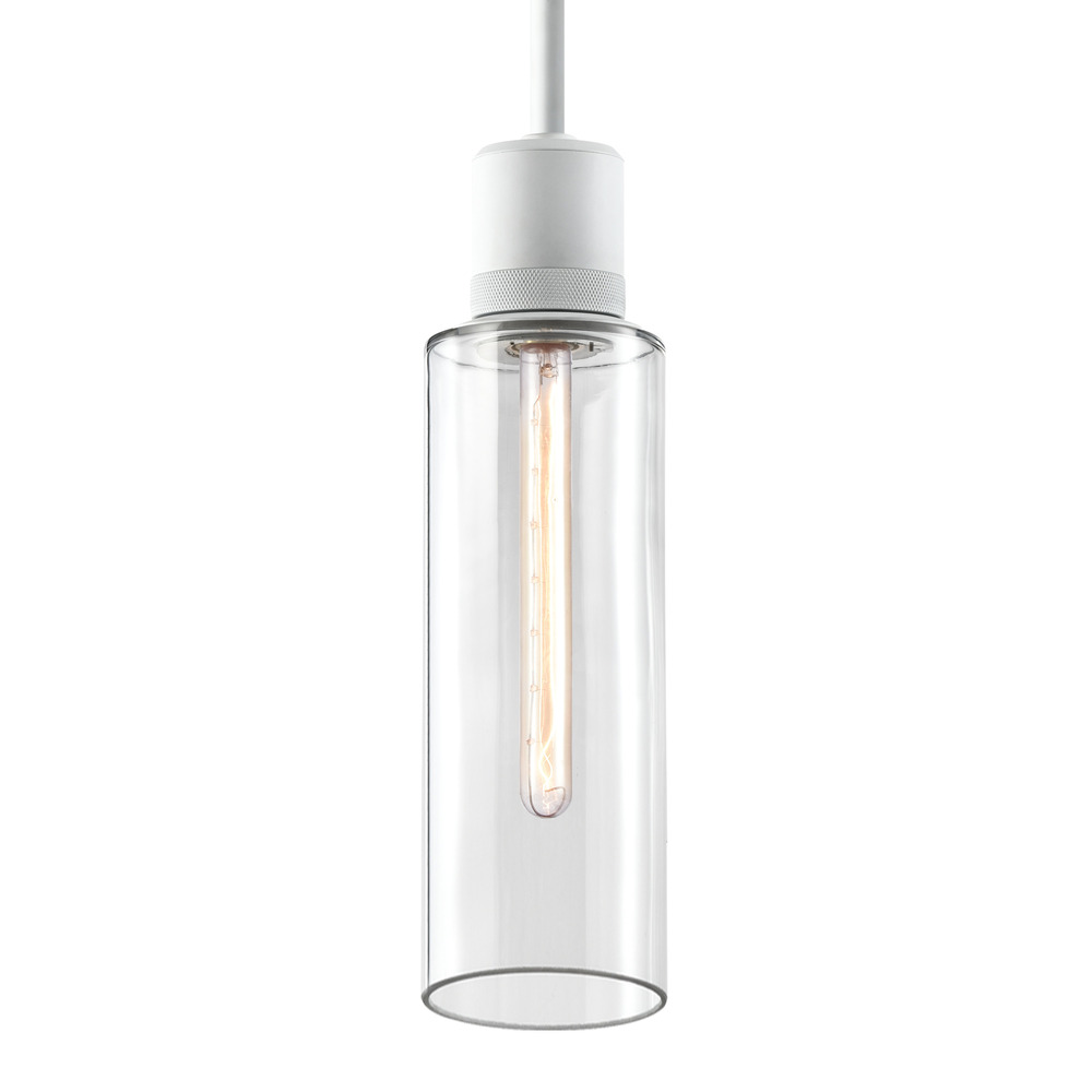 6" E26 Cylindrical Drum Pendant Light, 18" Clear Glass and Matte White Metal Finish