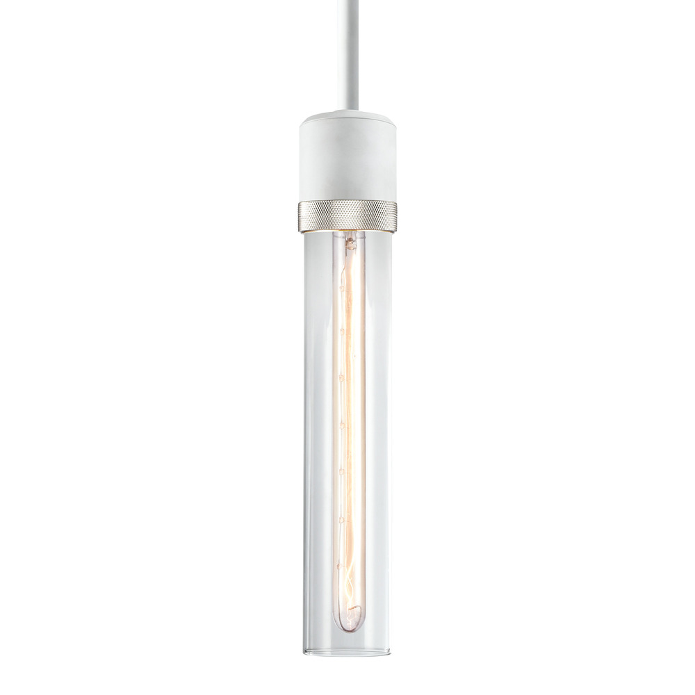 3" E26 Cylindrical Pendant Light, 12" Clear Glass and Matte White with Nickel Finish