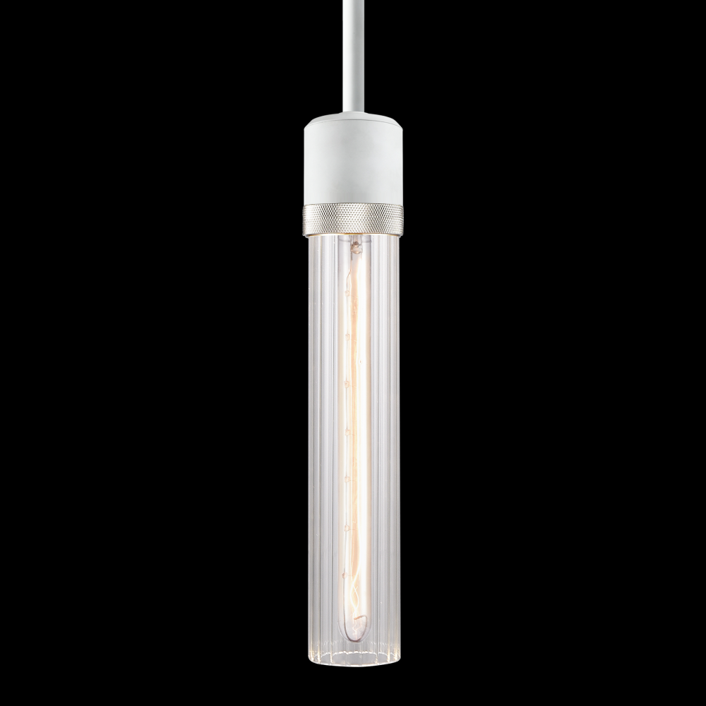 3" E26 Cylindrical Pendant Light, 12" Fluted Glass and Matte White with Nickel Finish