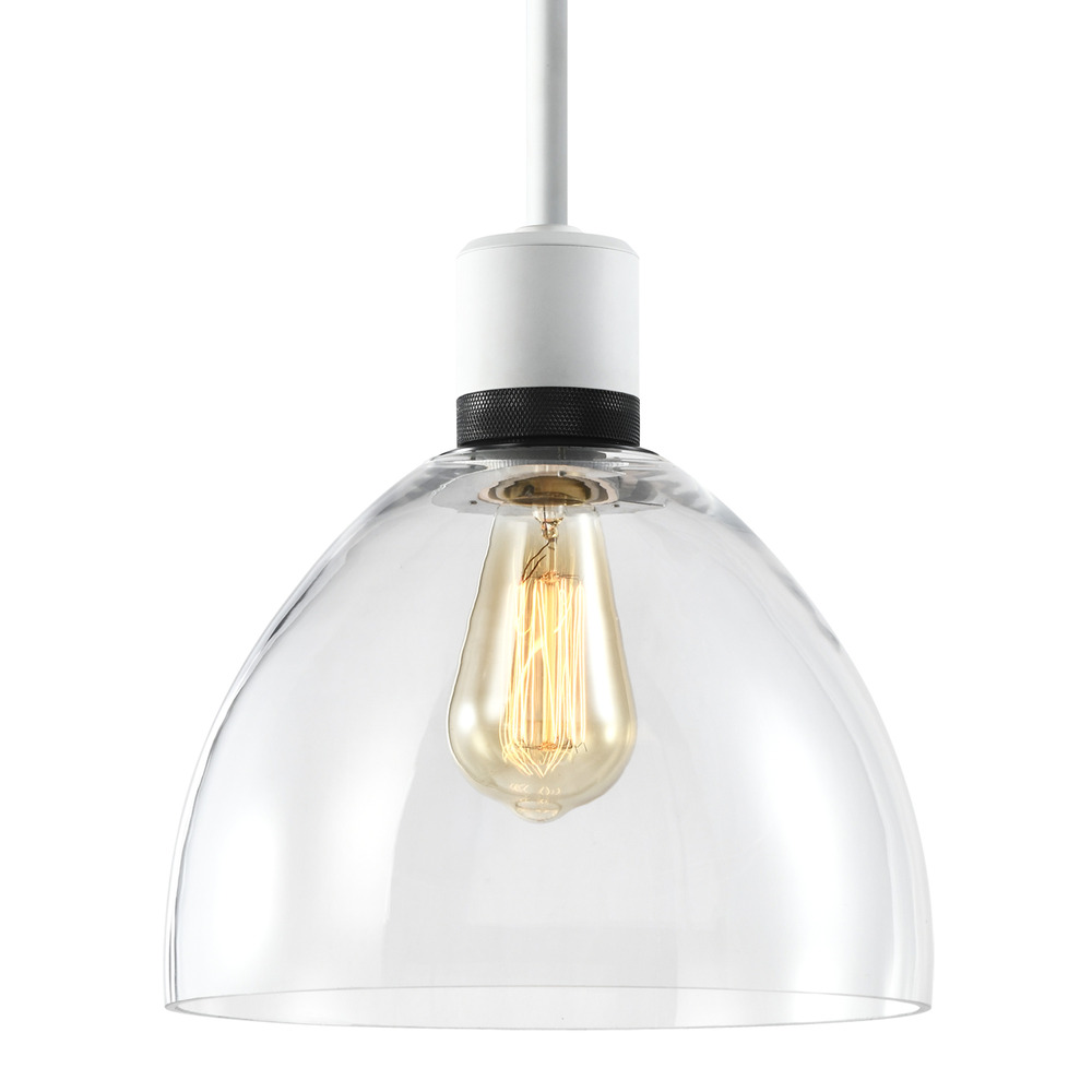 10" E26 Clear Dome Glass Pendant Light and Matte White with Black Metal Finish