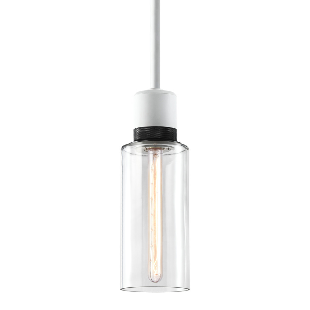 6" E26 Cylindrical Drum Pendant Light, 12" Clear Glass and Matte White with Black Metal Fini