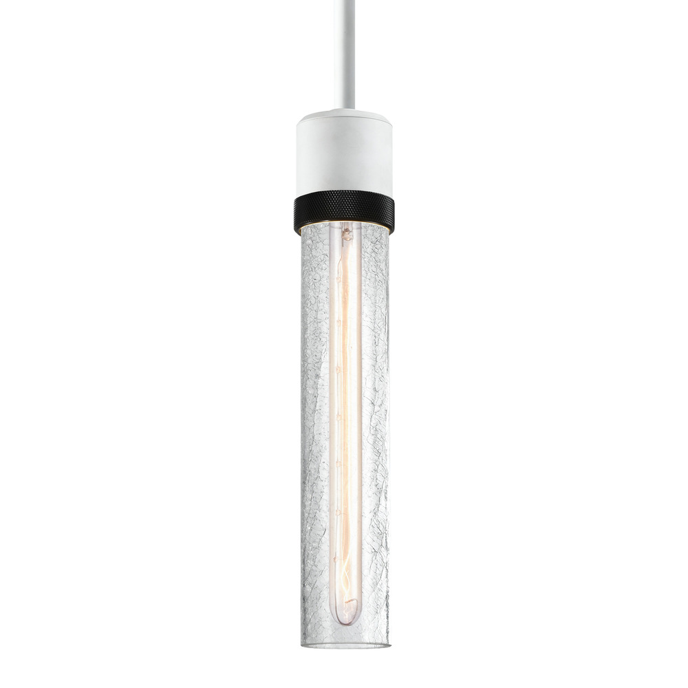 3" E26 Cylindrical Pendant Light, 12" Crackled Glass and Matte White with Black Finish